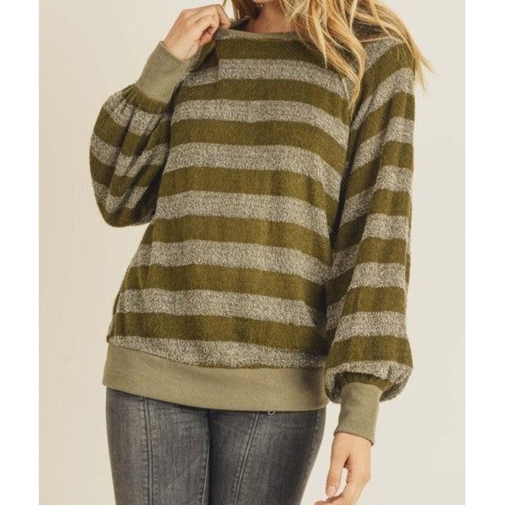 Doe & Rae Striped Sweater Women Large Olive Green Fuzzy Raglan Long Sleeve